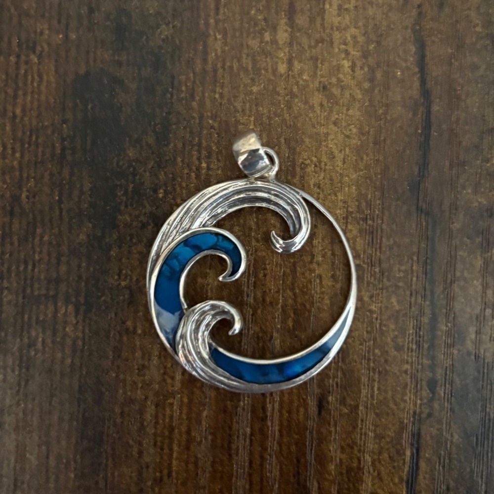 .925 Sterling Silver Wave‎ Pendant Blue Inlay Ocean Wave Nautical